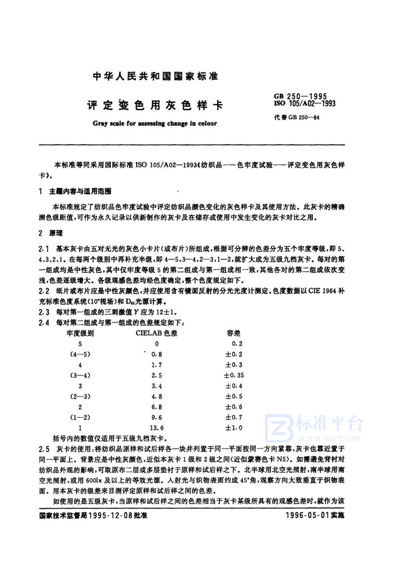 GB 250-1995 评定变色用灰色样卡