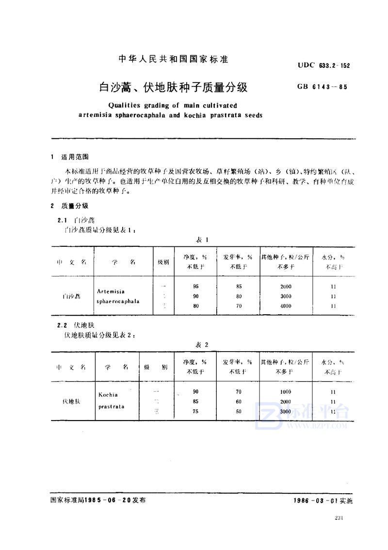 GB 6143-1985 白沙蒿、伏地肤种子质量分级